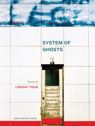 Cover image of book System of Ghosts by Lindsay Tigue featuring a white background of the side of a building with an older door.